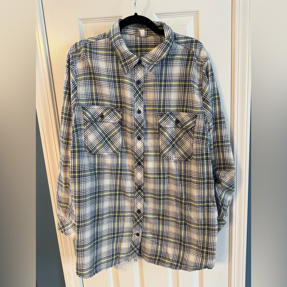 Duluth Trading Co Plaid Button-Down Shirt in White, Navy & Lime
